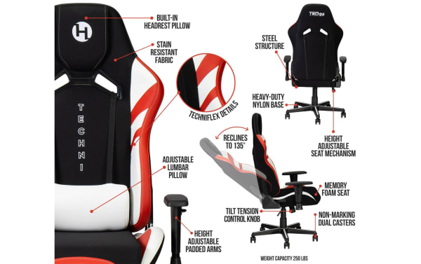 Ziggy Black & Red Gaming Chair by Techni with stain-resistant fabric, built-in headrest, adjustable lumbar pillow, padded arms, memory foam seat, steel frame, nylon base, tilt tension, and height-adjustable mechanism.