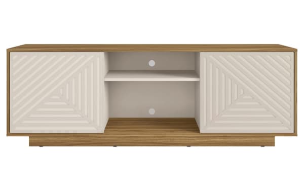 Sherwood 63'' White & Oak Storage TV Stand in contemporary style, featuring particle board construction, patterned white doors, oak finish, central open shelving with cord management, and spacious hidden storage for electronics or décor.