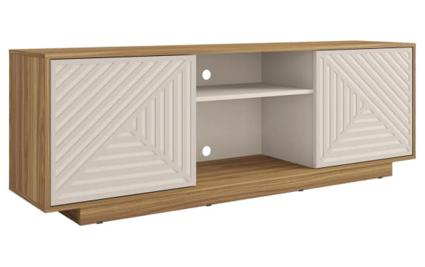 Sherwood 63'' White & Oak Storage TV Stand in contemporary style with particle board construction, patterned white doors, oak finish, open central shelf, and cord management.