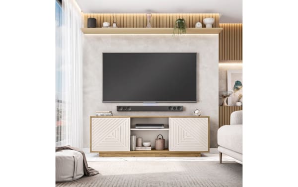 Sherwood 63'' White & Oak Storage TV Stand in contemporary style with particle board construction, featuring patterned white doors, oak frame, and open central shelving for media components.