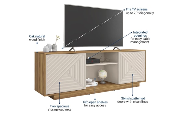 Sherwood 63'' White & Oak Storage TV Stand in particle board, contemporary style with oak finish, patterned white doors, two spacious cabinets, and open shelves with cable management. Fits TVs up to 70" diagonally.
