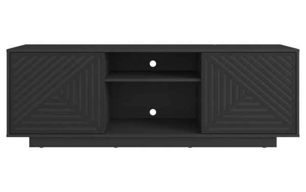 Sherwood 63'' black particle board TV stand with contemporary style, featuring patterned doors, central open shelving, and cord management.