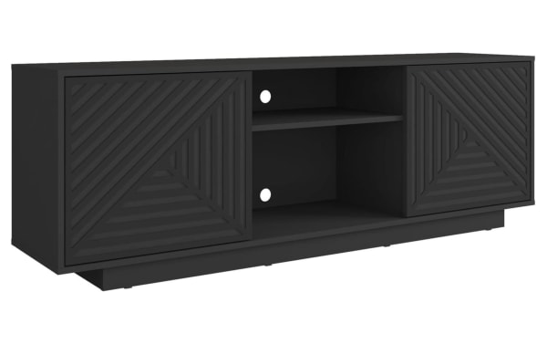 Sherwood 63'' black particle board TV stand with contemporary style, patterned doors, central open shelving, and cord management holes for media storage.