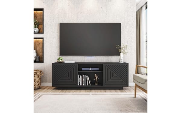 Sherwood 63'' black particle board TV stand with contemporary style, patterned doors, hidden storage, and central open shelving with cord management.
