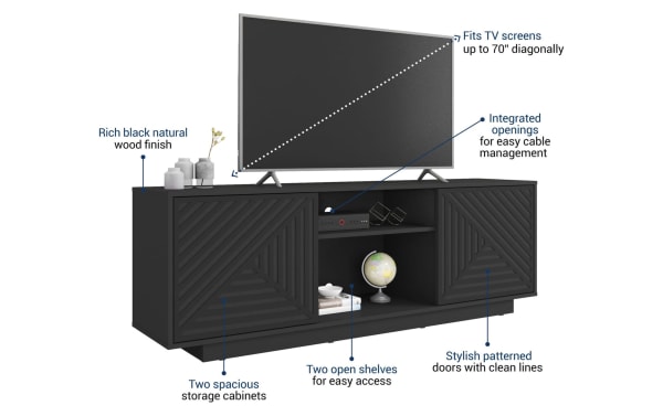 Sherwood 63'' Black Storage TV Stand in particle board with rich black wood finish, contemporary style, patterned doors, two spacious cabinets, and open shelves with cable management. Fits TVs up to 70" diagonally.