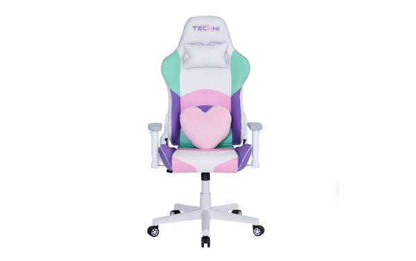 Jubilee White Gaming Chair by Techni Sport in white, pink, purple, and aqua polyurethane with ergonomic high-back, heart-shaped lumbar cushion, neck pillow, 2D armrests, pneumatic height adjustment, 150-degree recline, and nylon non-marking caster wheels for comfortable streaming and gaming.