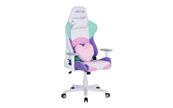 Jubilee White Gaming Chair by Techni Sport with ergonomic high-back, white, pink, purple, aqua polyurethane upholstery, nylon base, adjustable armrests, reclining seat, neck pillow, and heart-shaped lumbar cushion.