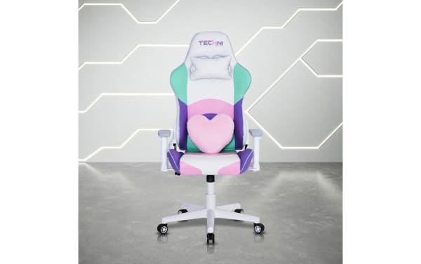 Jubilee White Gaming Chair by Techni Sport in white, pink, purple, and aqua polyurethane with ergonomic high-back, kawaii style, heart-shaped lumbar cushion, adjustable armrests, reclining seat, and nylon non-marking casters.