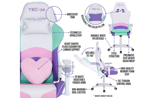 Jubilee White Gaming Chair by Techni Sport with white, pink, purple, aqua polyurethane upholstery, iridescent trim, heart-shaped lumbar cushion, reversible neck pillow, pneumatic height adjustment, 150° recline, 2D adjustable padded arms, non-marking nylon casters, and steel base for ergonomic kawaii-style comfort.