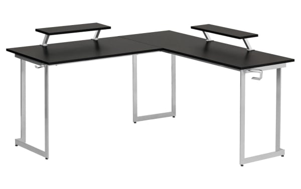 Zuma Silver Adjustable L-Shaped Gaming Desk with black MDF surface, power-coated steel frame, dual adjustable monitor shelves, cup holder, and headphone hook.