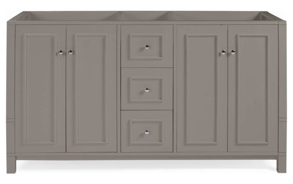 Randolph 60'' gray transitional bathroom vanity base in solid pine with shaker doors, nickel hardware, soft-close hinges, and three center drawers.
