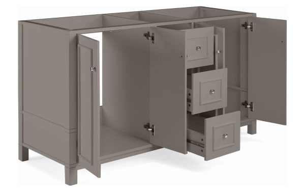 Randolph 60'' gray transitional double sink bathroom vanity base in solid pine with shaker doors, three drawers, nickel knobs, and soft-close hinges.