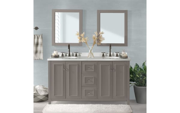 Randolph 60" gray transitional double sink bathroom vanity base in solid pine with shaker doors, nickel hardware, soft-close hinges, and three central drawers.