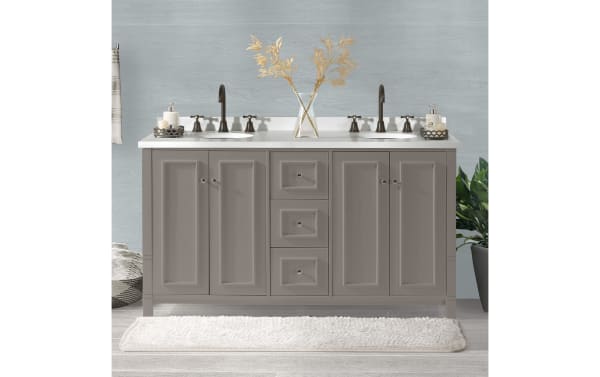 Randolph 60" gray transitional double sink bathroom vanity base in solid pine with shaker doors, nickel hardware, and soft-close hinges, no top or sinks.