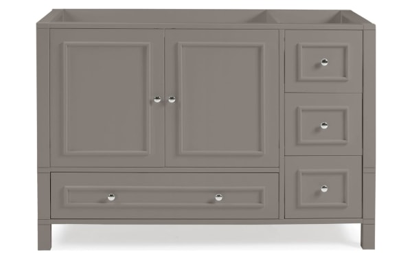Randolph 48'' gray transitional bathroom vanity base in solid pine with shaker doors, nickel hardware, soft-close hinges, and spacious bottom drawer.