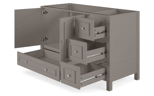 Randolph 48'' Gray Bathroom Vanity Base in transitional style, solid pine with shaker doors, nickel hardware, soft-close hinges, and spacious drawers.