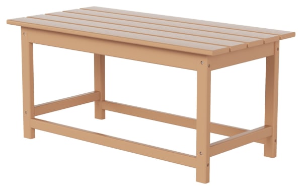 Paloma Light Brown Outdoor Adirondack Coffee Table in contemporary style, made from durable eco-friendly high-density plastic with slatted top and sturdy frame.
