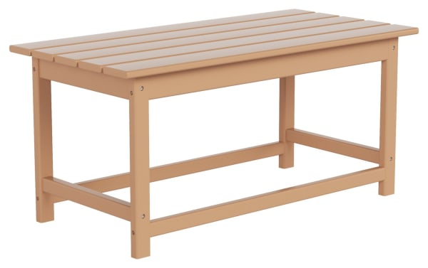 Paloma Light Brown Outdoor Adirondack Coffee Table in contemporary style, made from durable eco-friendly high-density plastic with slatted top design.
