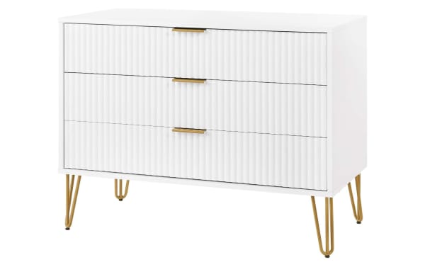 Delilah White 3 Drawer Dresser with vertical ribbed fronts, gold metal splayed legs, MDF construction, and soft-close drawers in contemporary style.