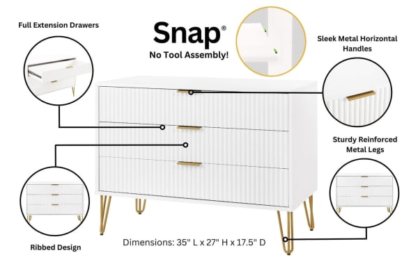 Delilah White 3 Drawer Dresser from Delilah collection, contemporary style with white MDF ribbed fronts, sleek gold metal handles, and splayed gold metal legs, full extension drawers, dimensions 35"L x 27"H x 17.5"D.