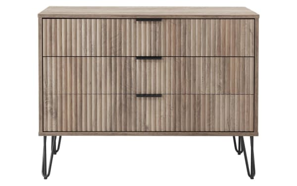 Delilah Weathered Gray 3 Drawer Dresser with vertical ribbed MDF fronts, metal splayed legs, and soft-close drawers in contemporary style.