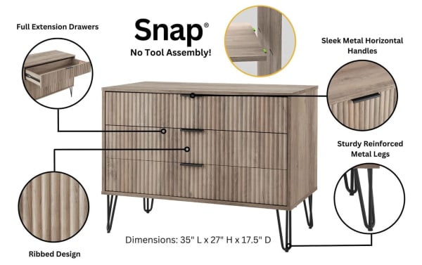 Delilah Weathered Gray 3 Drawer Dresser with ribbed MDF fronts, sleek horizontal metal handles, full extension drawers, and sturdy black metal legs.