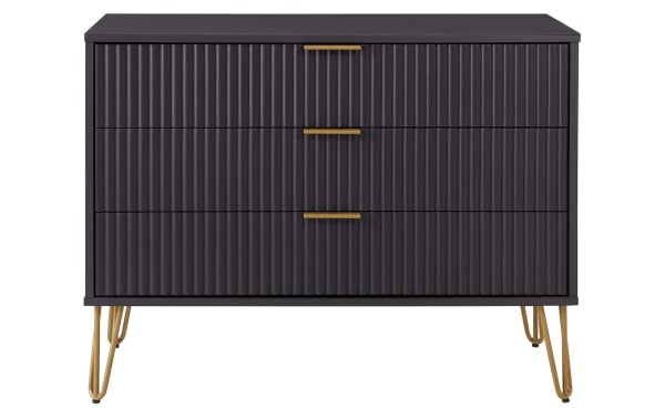 Delilah Black 3 Drawer Dresser in contemporary style with vertical ribbed MDF fronts, black finish, and gold metal splayed legs, soft-close drawers.