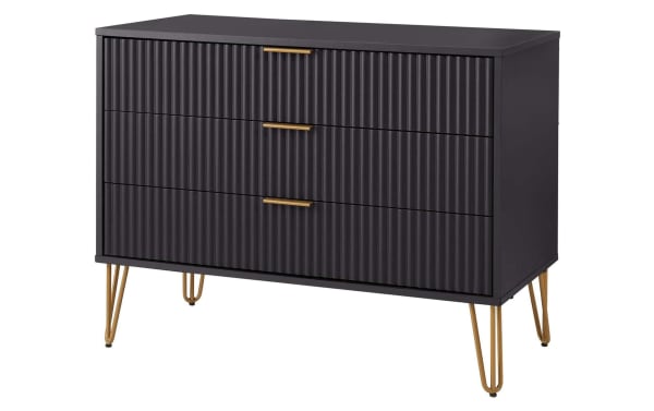 Delilah Black 3 Drawer Dresser in contemporary style with vertical ribbed MDF fronts, black finish, gold metal splayed legs, soft-close drawers.