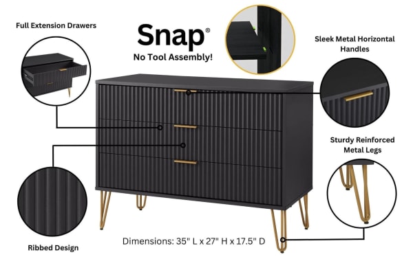 Delilah Black 3 Drawer Dresser from Delilah collection, contemporary MDF with vertical ribbed black fronts, gold metal splayed legs, full extension drawers, soft-close.
