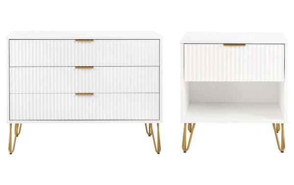 Delilah White Dresser and Nightstand Set in contemporary style with vertical ribbed MDF drawer fronts, splayed gold metal legs, and soft-close drawers.