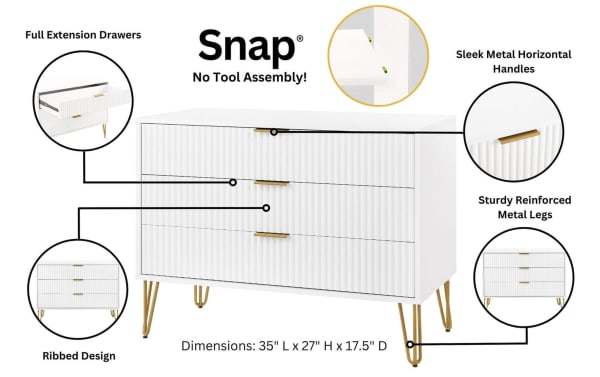 Delilah White Dresser with full extension drawers, ribbed MDF fronts, sleek gold metal handles, and sturdy splayed metal legs in contemporary style.