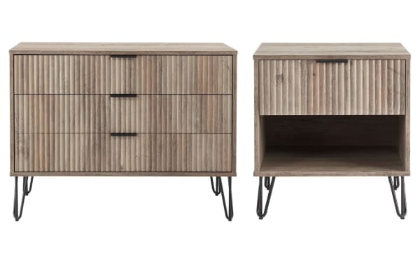 Delilah Weathered Gray Dresser and Nightstand Set with vertical ribbed drawer fronts, splayed black metal legs, MDF construction, and contemporary style.