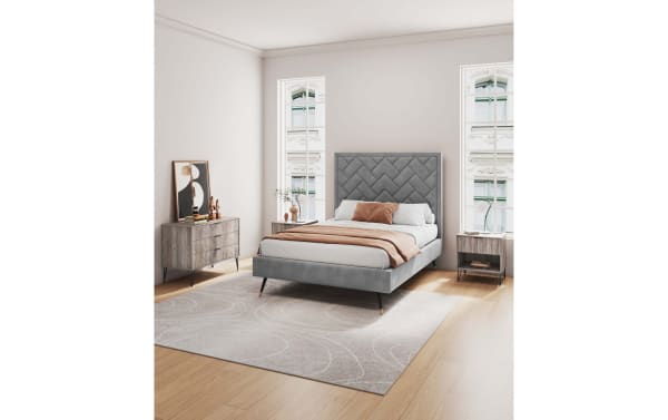 Contemporary Delilah Weathered Gray dresser and nightstand set with vertical ribbed MDF fronts, gold metal legs, and soft-close drawers for stylish bedroom storage.
