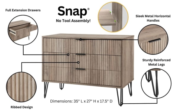 Delilah Weathered Gray Dresser with full extension drawers, ribbed MDF fronts, sleek horizontal metal handles, and sturdy black metal legs, contemporary style.