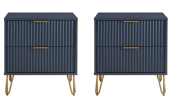 Delilah Blue 2 Drawer Nightstand set in contemporary style with navy MDF body, vertical ribbed drawer fronts, and gold metal splayed legs for bedside storage.