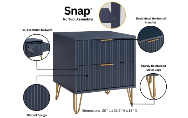 Delilah Blue 2 Drawer Nightstand with vertical ribbed MDF fronts, sleek gold metal legs, full extension drawers, and soft-close in contemporary style.