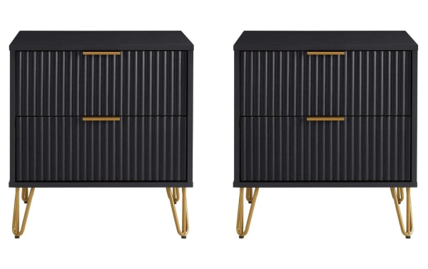 Delilah Black 2 Drawer Nightstand set with vertical ribbed black MDF fronts, gold splayed metal legs, soft-close drawers, contemporary style.