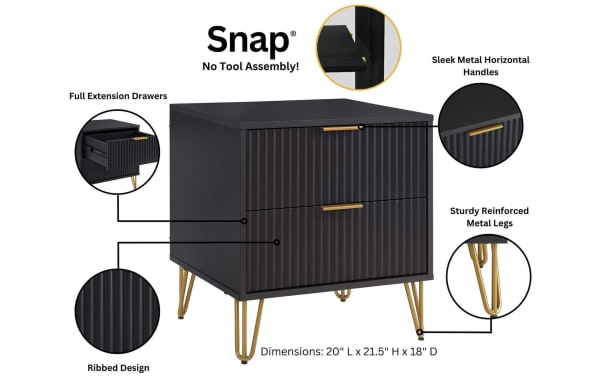 Delilah Black 2 Drawer Nightstand from Delilah Collection, contemporary style with black MDF, vertical ribbed drawer fronts, gold metal legs, sleek horizontal handles, full extension drawers, and soft-close technology. Dimensions 20" L x 21.5" H x 18" D.