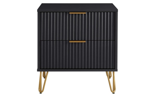 Delilah Black 2 Drawer Nightstand with vertical ribbed black MDF drawers, gold metal splayed legs, contemporary style, soft-close, full extension.