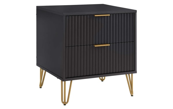 Delilah Black 2 Drawer Nightstand in contemporary style with black MDF body, vertical ribbed drawer fronts, and gold splayed metal legs.