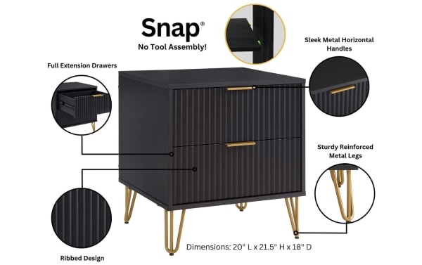 Delilah Black 2 Drawer Nightstand from Delilah collection, contemporary MDF and metal with ribbed drawer fronts, gold splayed metal legs, full extension drawers, and sleek horizontal handles. Dimensions: 20" L x 21.5" H x 18" D.