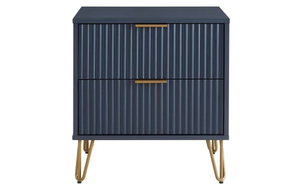 Delilah Blue 2 Drawer Nightstand in contemporary style with vertical ribbed MDF drawer fronts, navy blue finish, and splayed gold metal legs for bedside storage.
