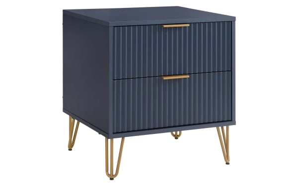 Delilah Blue 2 Drawer Nightstand with vertical ribbed drawer fronts, splayed gold metal legs, MDF construction, and soft-close drawers in contemporary style.