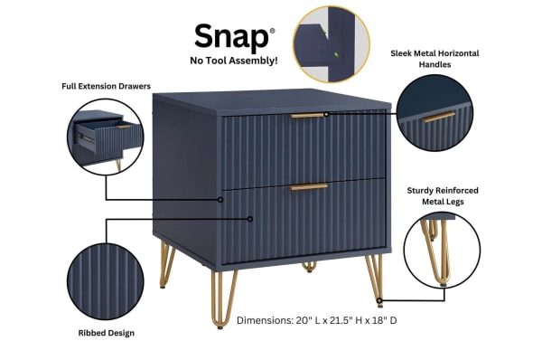 Delilah Blue 2 Drawer Nightstand with ribbed MDF drawer fronts, sleek gold metal handles, and splayed gold metal legs, contemporary style.