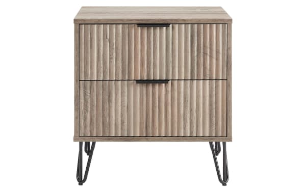 Delilah Weathered Gray 2 Drawer Nightstand in contemporary style with vertical ribbed MDF fronts, metal splayed legs, and soft-close drawers.