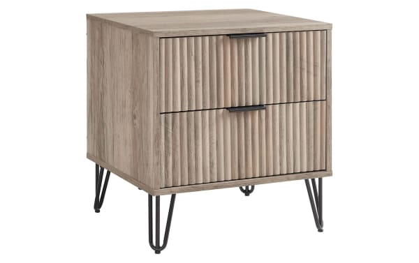 Delilah Weathered Gray 2 Drawer Nightstand with vertical ribbed MDF fronts, black metal splayed legs, soft-close drawers, contemporary style.