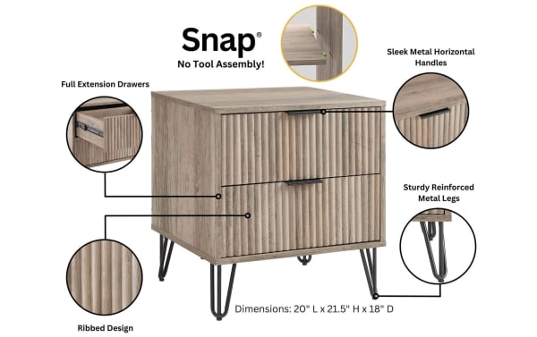 Delilah Weathered Gray 2 Drawer Nightstand with vertical ribbed MDF fronts, sleek black metal handles, full extension drawers, and sturdy black metal hairpin legs, contemporary style, 20" L x 21.5" H x 18" D, no tool assembly.