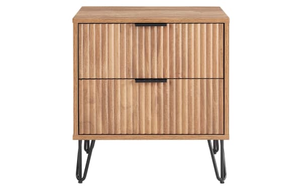 Delilah Brown 2 Drawer Nightstand from Delilah collection, contemporary style with vertical ribbed MDF drawer fronts, gold metal splayed legs, full extension and soft-close drawers.
