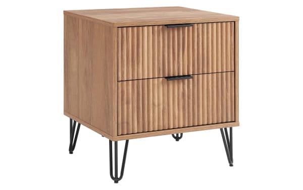 Delilah Brown 2 Drawer Nightstand with vertical ribbed drawer fronts, contemporary MDF wood finish, and black metal splayed hairpin legs for modern bedside storage.
