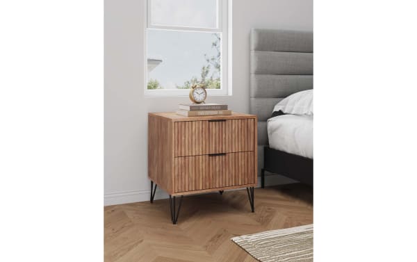 Delilah Brown 2 Drawer Nightstand with vertical ribbed MDF drawer fronts, black metal splayed legs, and soft-close drawers in contemporary style.